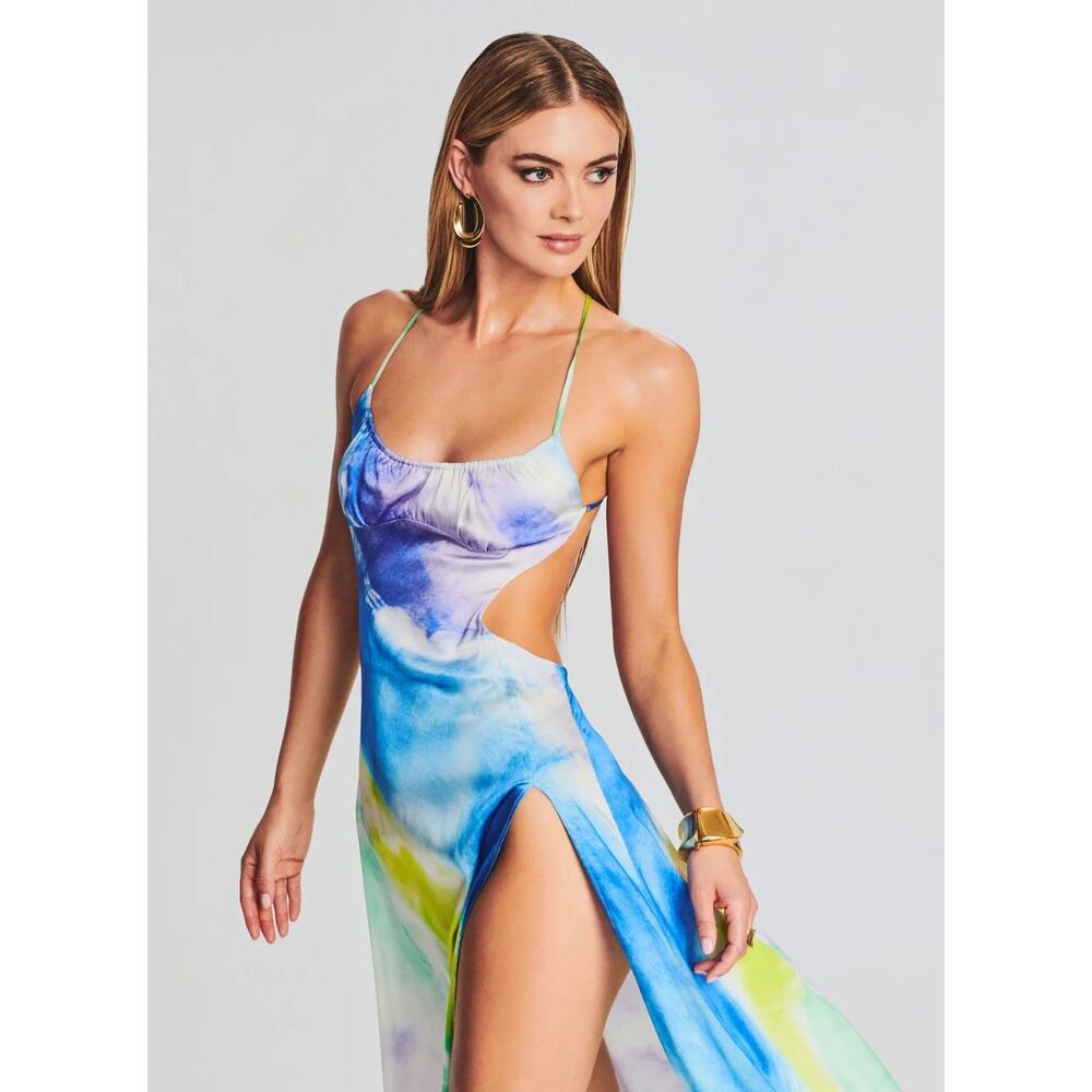 Retrofête Scarlett Silk Maxi Gown Watercolor Wave Tie-Dye Open Back NWOT Large - Picture 5 of 16